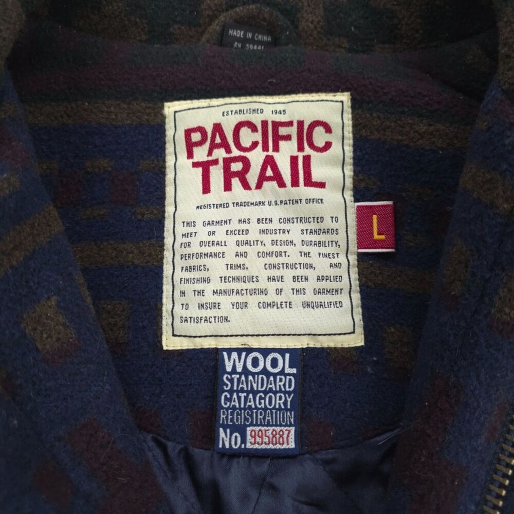 VINTAGE 90s Pacific Trail Wool Chore Jacket Leather Barn Coat Southwest Aztec - Picture 2 of 12